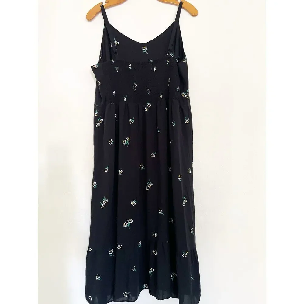 Old Navy Cami Midi Dress XL Black Daisy Print Ruffled Smocked Lightweight - Picture 10 of 10